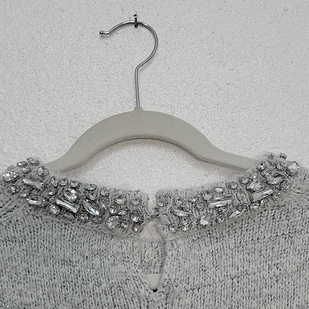J Crew Embellished pullover Rhinestone Collar sweater XL Grey CE731